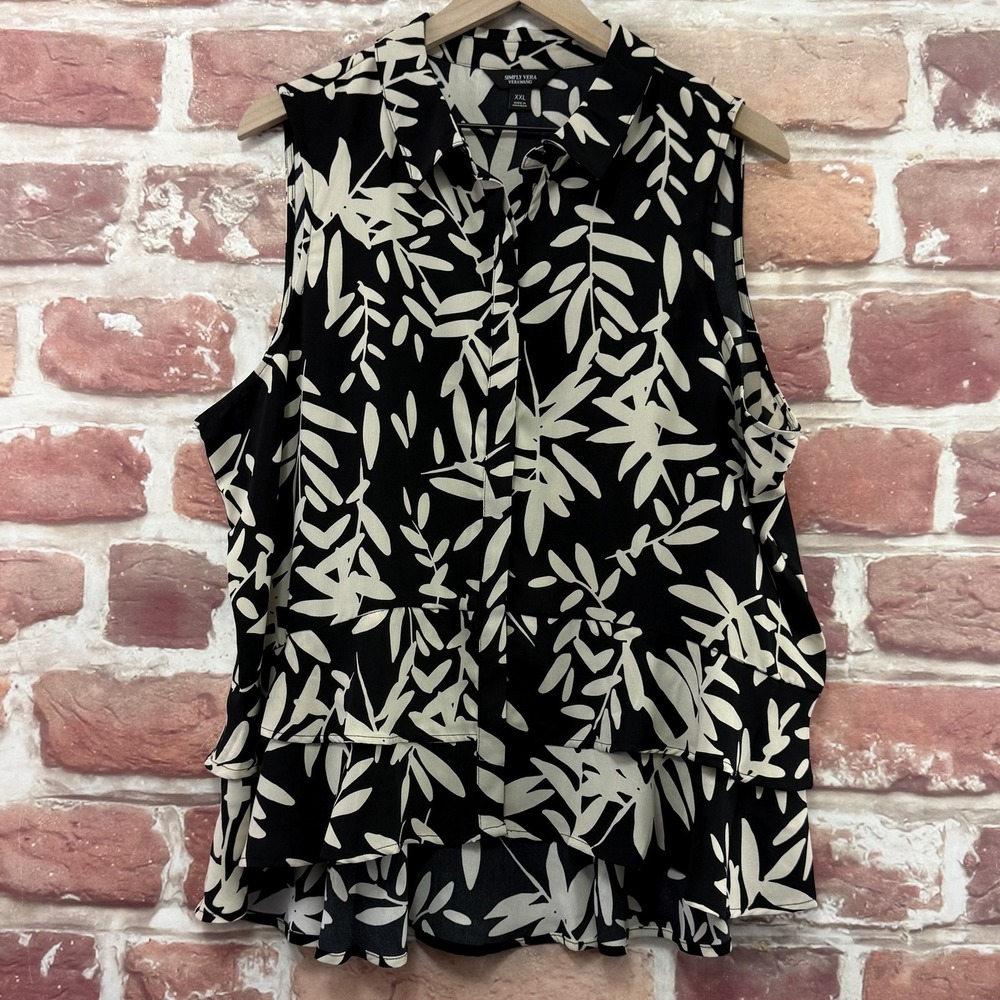 Simply Vera Wang Top Womens XXL Black Cream Shadow Leaves Ruffle Button Up Shirt - Picture 7 of 9